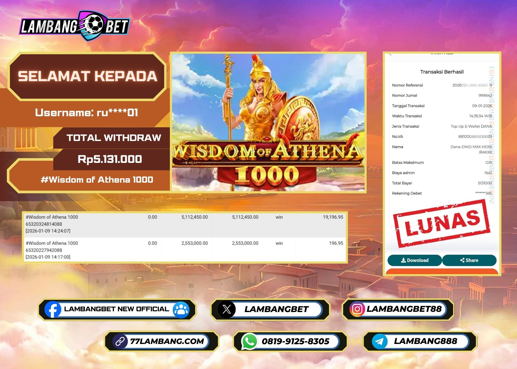 LAMBANGBET [9 JANUARI 2026] JACKPOT SLOT Wisdom of Athena 1000 "Rp5.131.000" LUNAS
